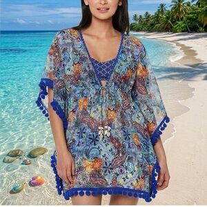 Bleu Rod Beattie Multi Let Loose Paisley Chiffon Swim Coverup Kaftan Pom SZ L